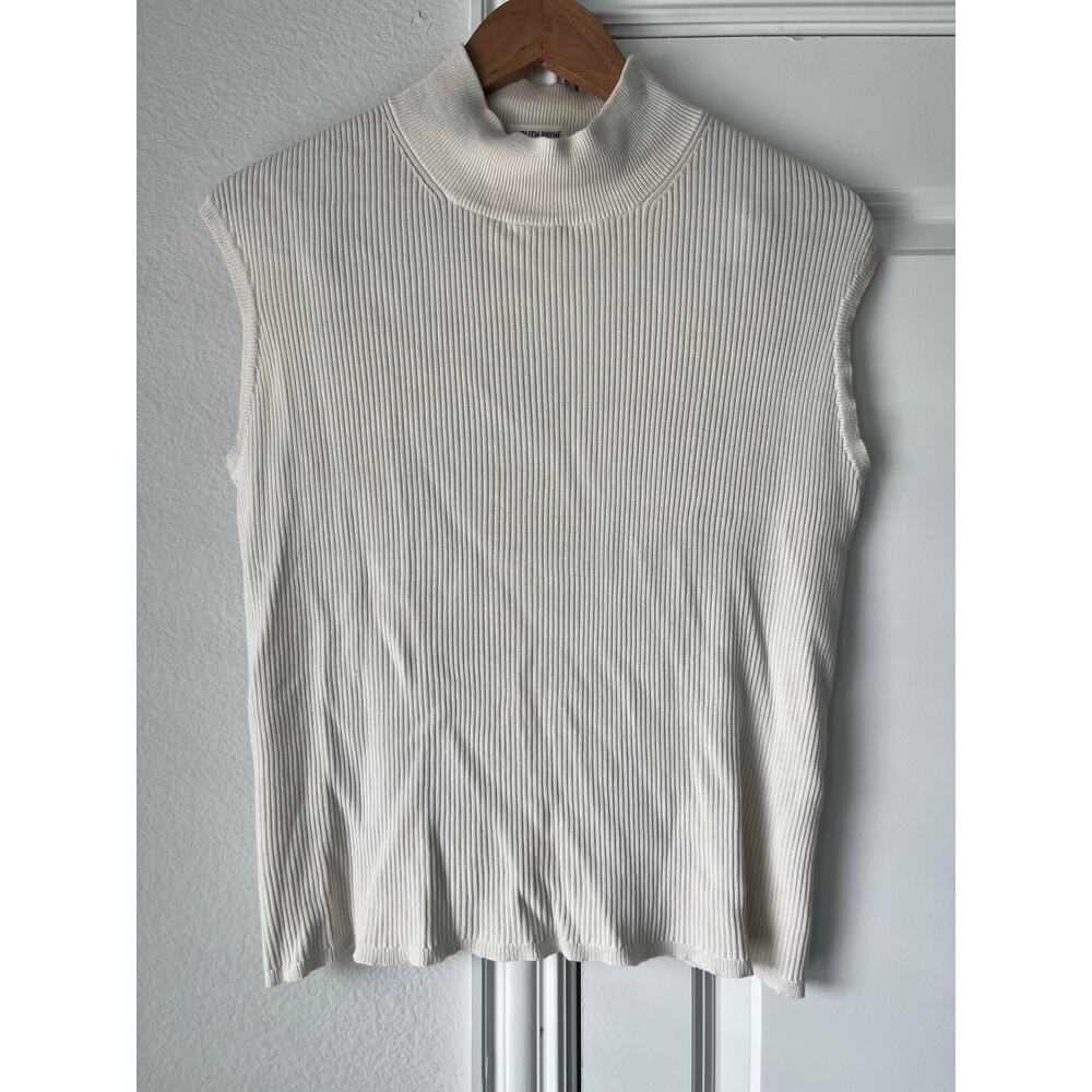 Cream Silk/Cotton Mock Neck Sleeveless Ribbed Blouse Sz Large by Coldwater Creek